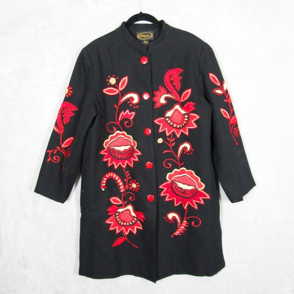 Alex Kim M Black Floral Embroidered Mandarin Collar Button Down Coat Jacket - Picture 1 of 12